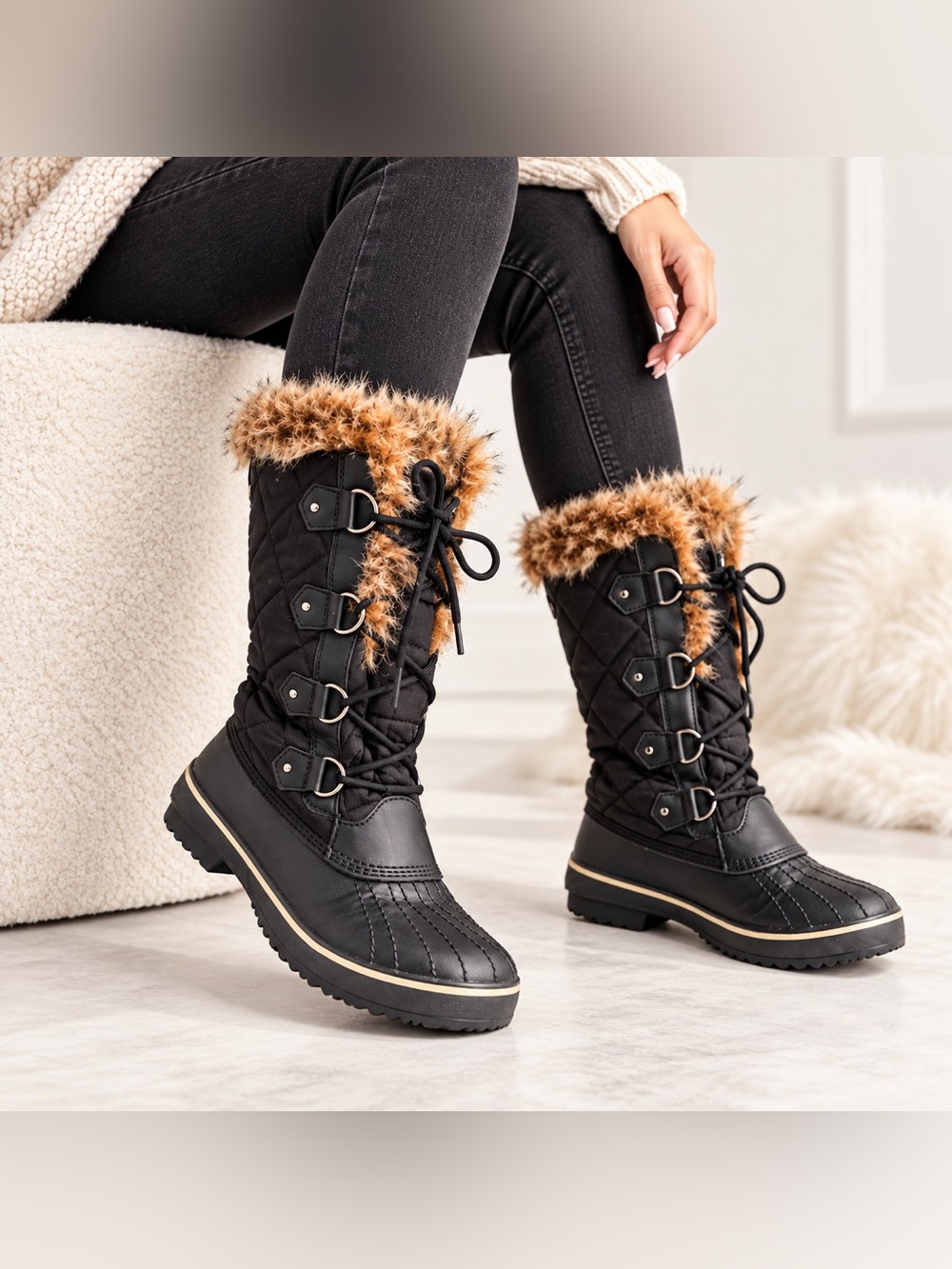 Skechers Skech-Tex Waterproof Faux Fur Winter Boots Black Size 8